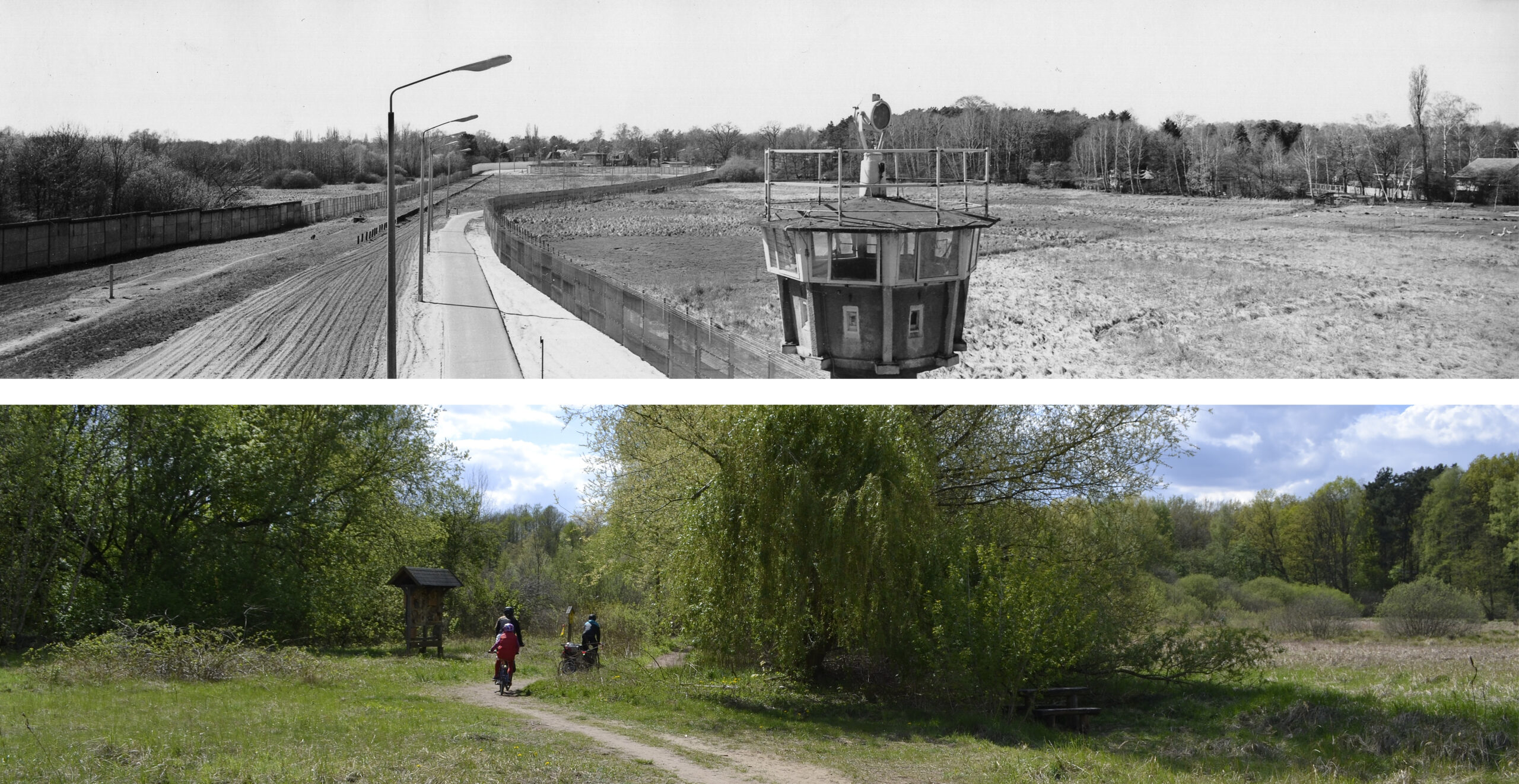 Grenz-Streifen03 Grenzstreifen zwischen Hermsdorf und Glienicke Nordbahn, Höhe Eichwerder Moorwiesen, Ende 1980er Jahre und 2015, Fotos BStU bzw. Sebastian Teutsch